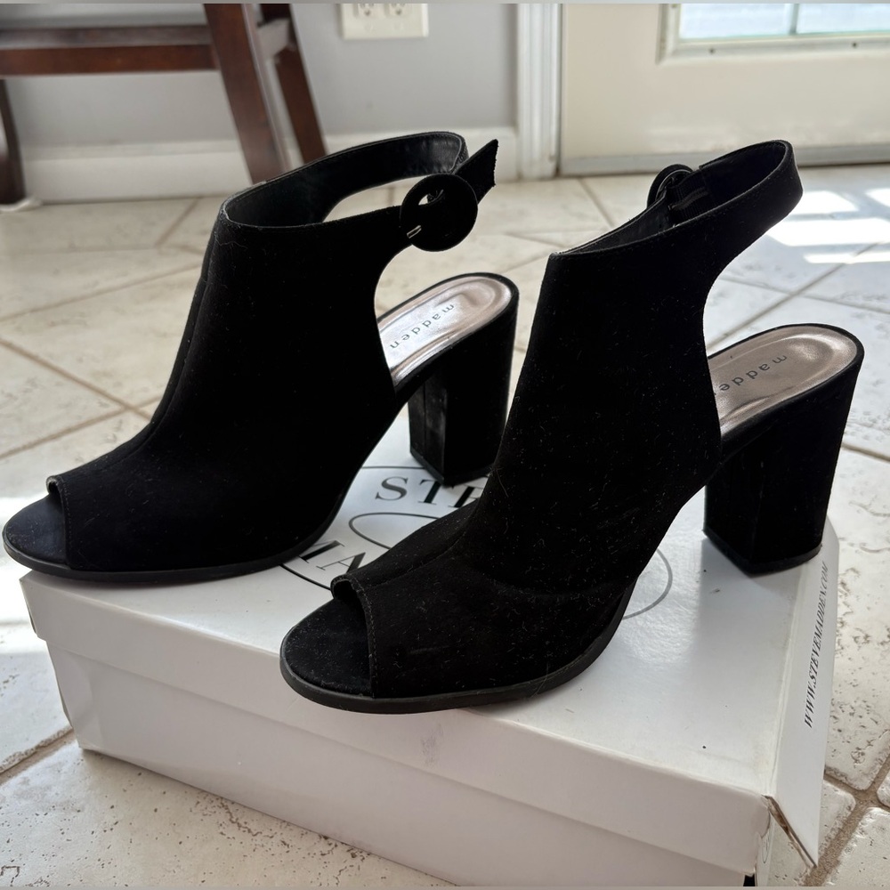 Madden Girl black suede peep toe block heels
